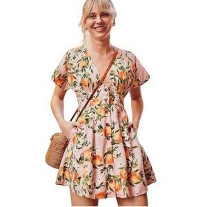 Marine Layer Camila Orange Floral Print Babydoll V-Neck A-Line Mini Dress Small